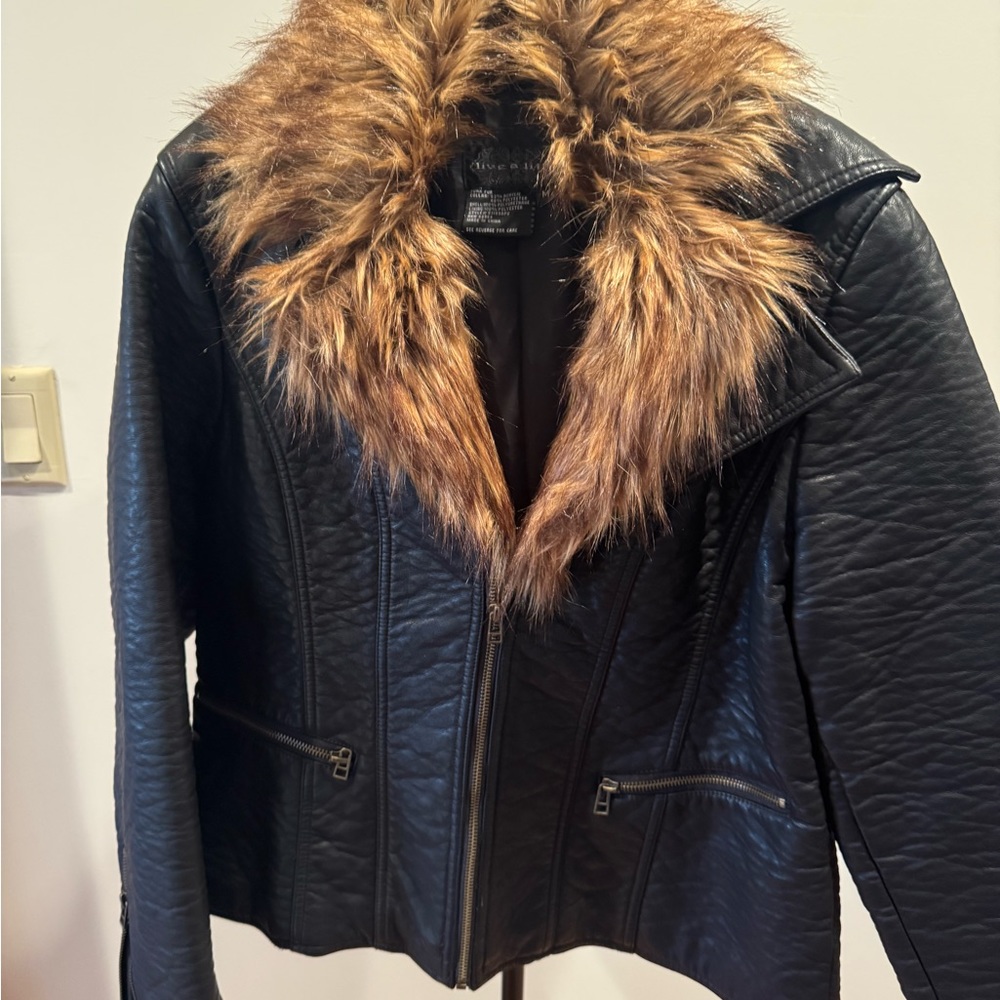 Faux  Leather Jacket Black with Brown Fur Collar